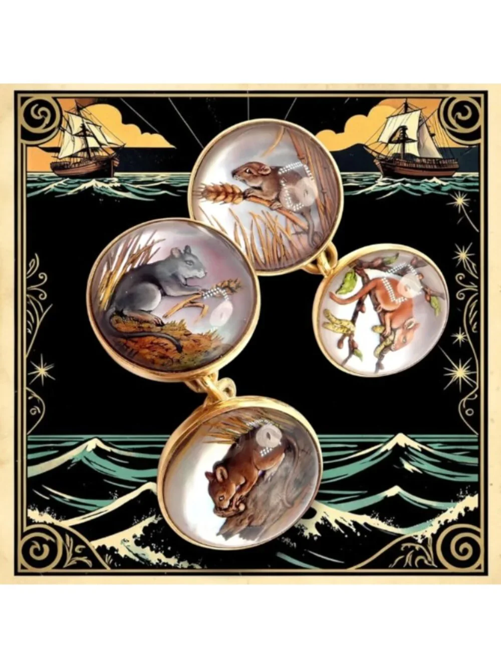 Vintage Tiffany & Co 18k Yellow Gold Essex Reverse Intaglio Field Mice Cufflinks
